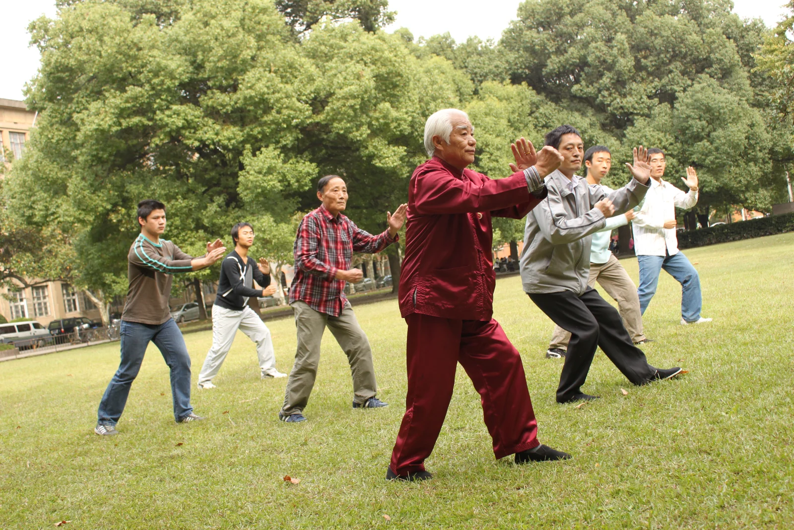 Grandmaster Xie Bingcan leading group Tai Chi practice in a Shanghai park